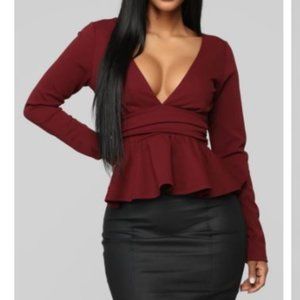Fashion Nova- Arms Around Me Peplum Top - Burgundy